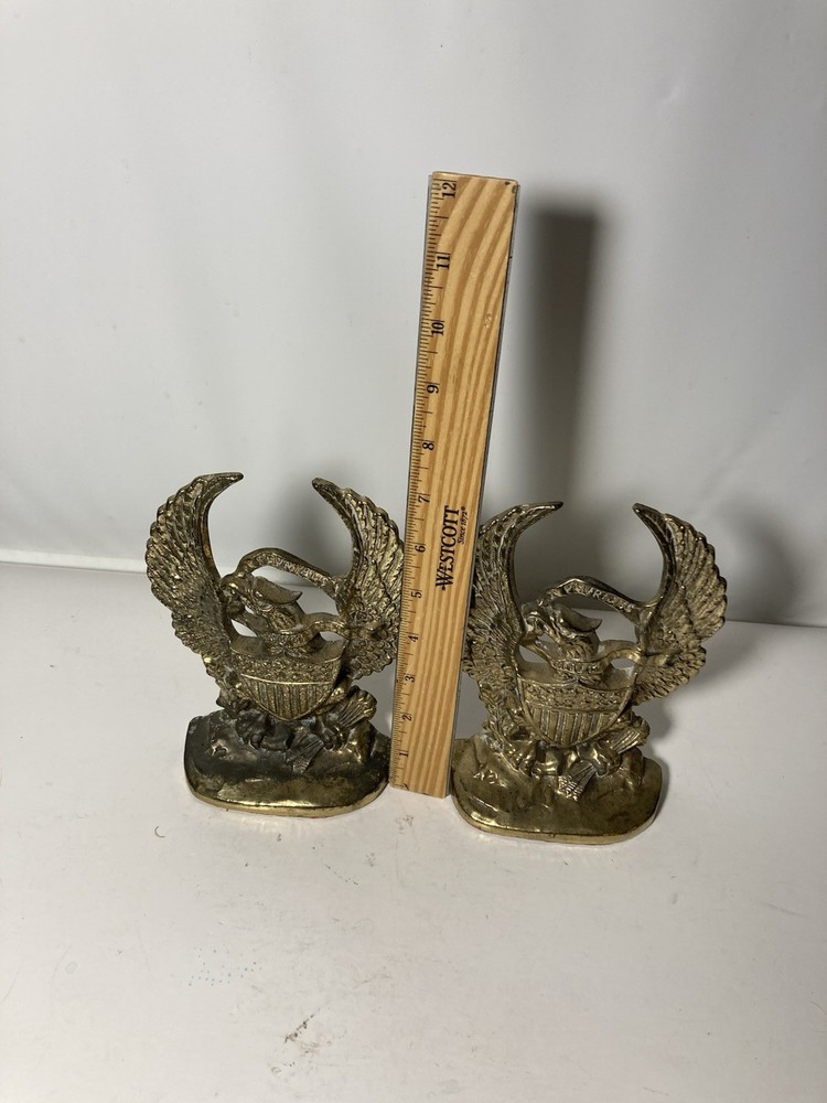 Vtg Solid Brass American Eagle E Pluribus Unum Shield Bookends-US Made-7.5x4.5”