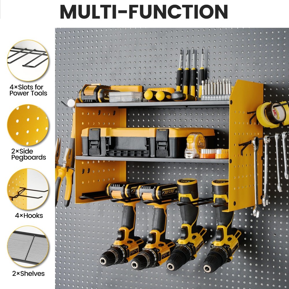 Power Tool Organizer Wall Mount, 3-Layer Drill Holder with 2 Side Pegboards, ...