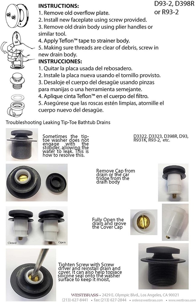 Westbrass Universal Fine or Coarse Thread Replacement Tip-Toe Strainer Drain
