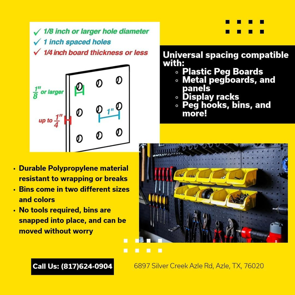 Pegboard Bins - 6 Each 7" & 6 Each 5" ORGANIZING Bins - Hooks to Peg Board Panel