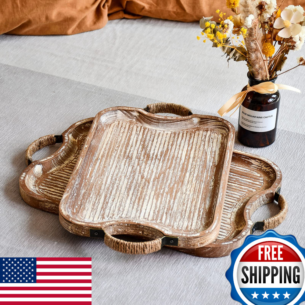 Rustic Wood Serving Tray Set w/ Metal Twine Handles - 2 Stackable Rectangular Tr