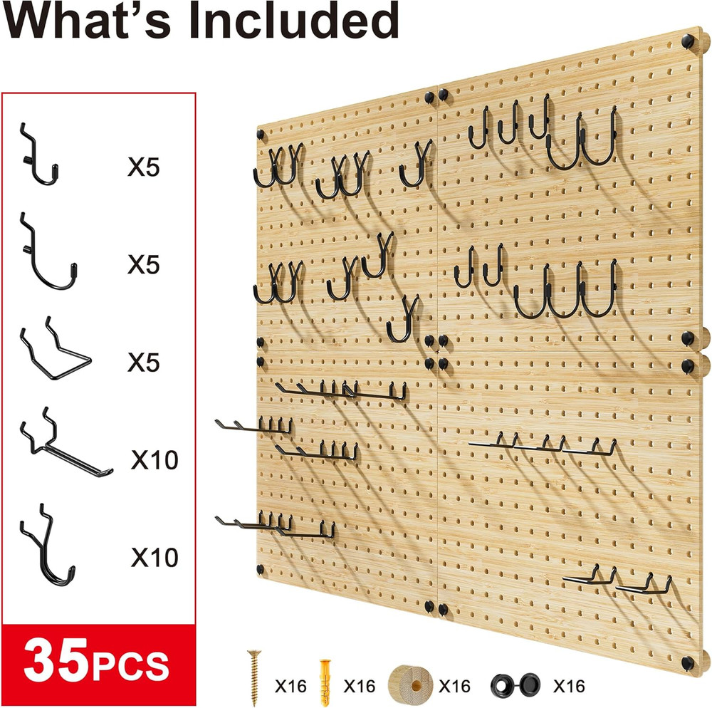Bamboo Peg Board, Eco-Friendly Pegboard Organizer Set with 35 Hooks – Wall Mount