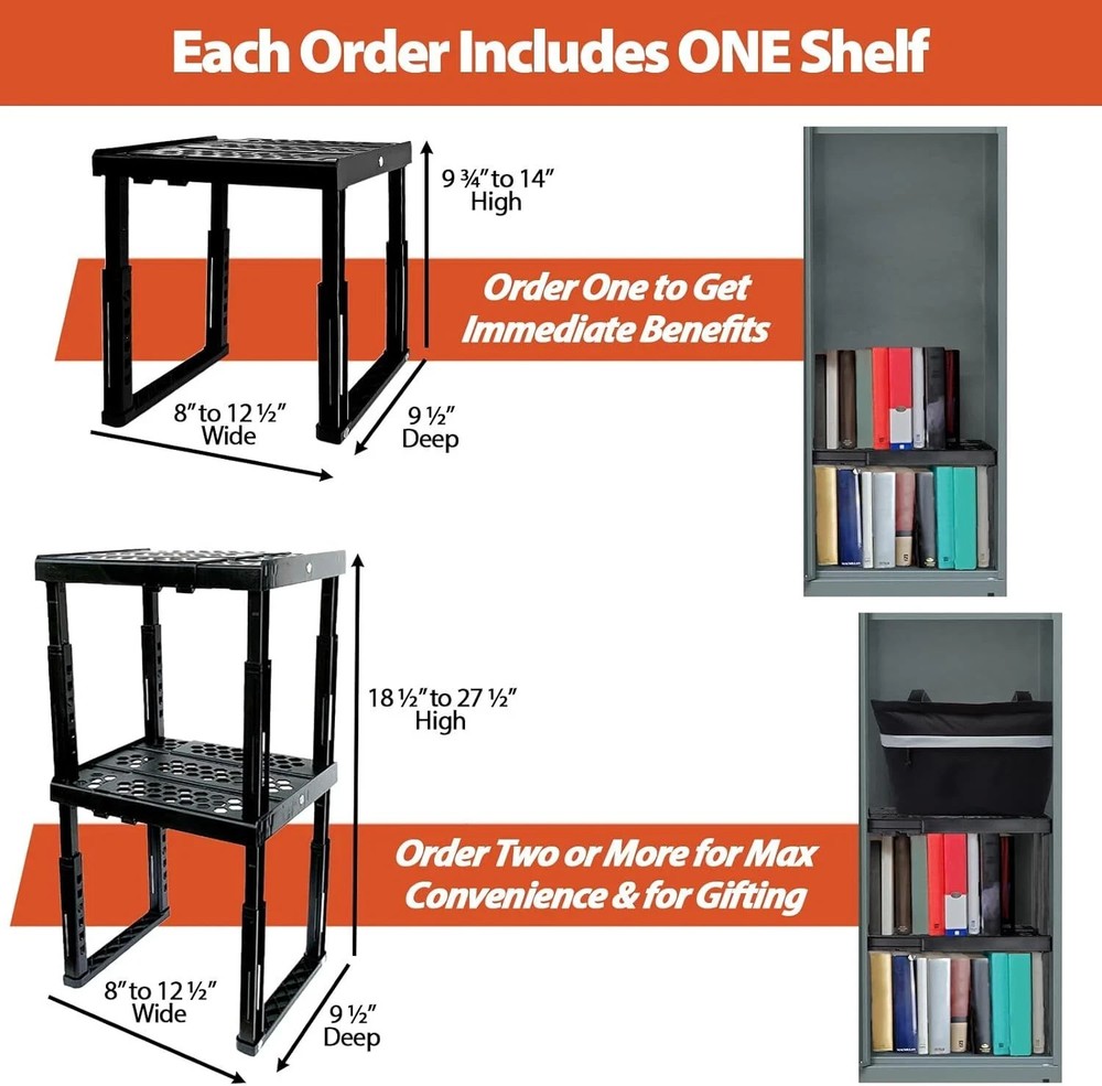 Locker Organizer Shelf， Adjustable Width and Height, Stackable, Ideal Black