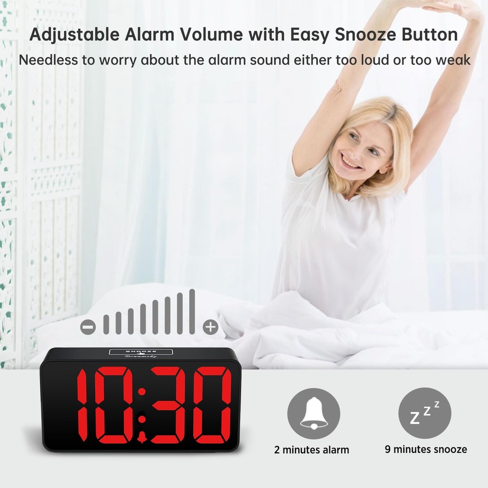 Digital Alarm Clock with Big Numbers, Dimmer, USB Charging, Adjustable Volume