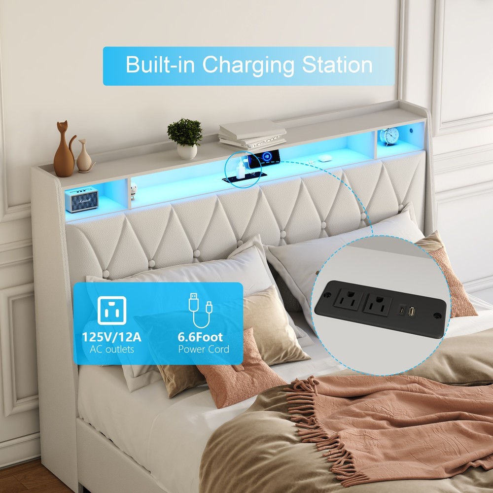 Full Bed Frame - Ergonomic Headboard, Outlets, LED, Storage (Noise-Free)