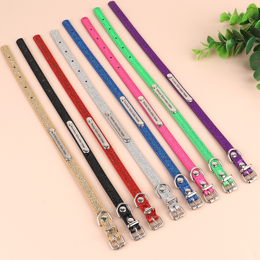 Personalized Dog Collar Bling Sequins PU Leather Engraved Name ID Tag Cat Kitten