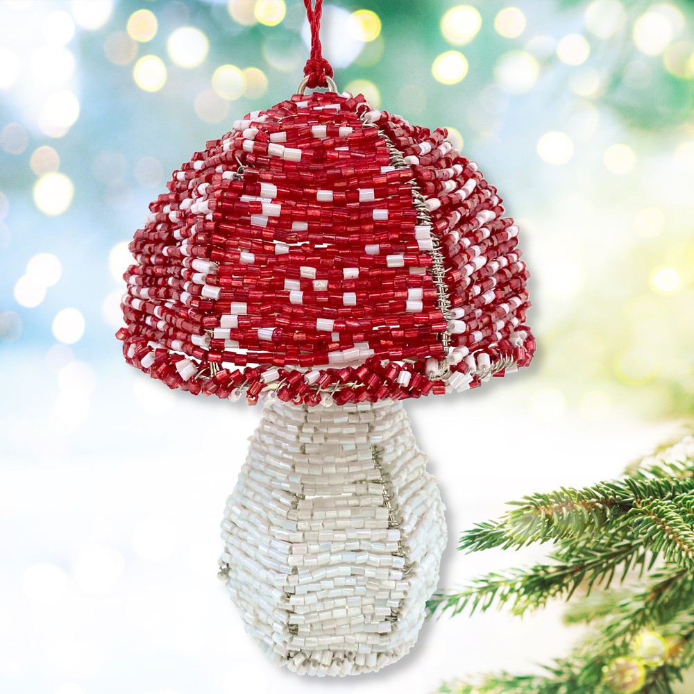 Beaded Mushroom Christmas Ornament - Large Toadstool Decoration Forest Red White