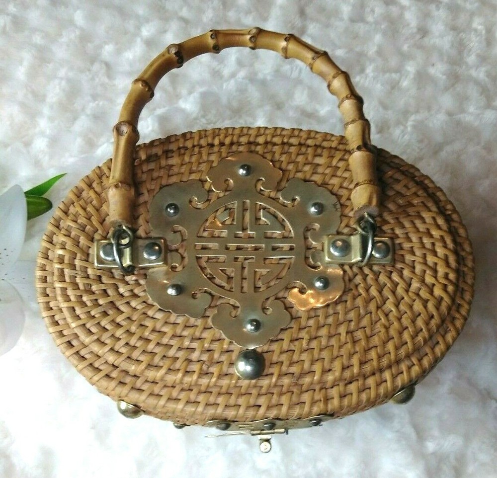 Brown Wicker Basket Handbag Purse Brass