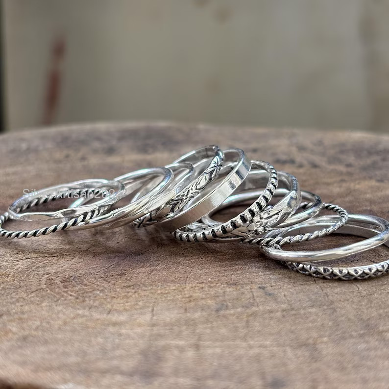 925 Sterling Silver Stacking Rings Set: Assorted Patterns, Thin & Thick All Size