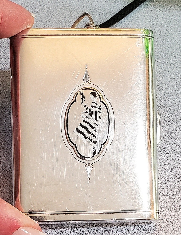 Unger Bros Sterling Silver Art Deco Enamel Flapper Cigarette Case Engine Turned