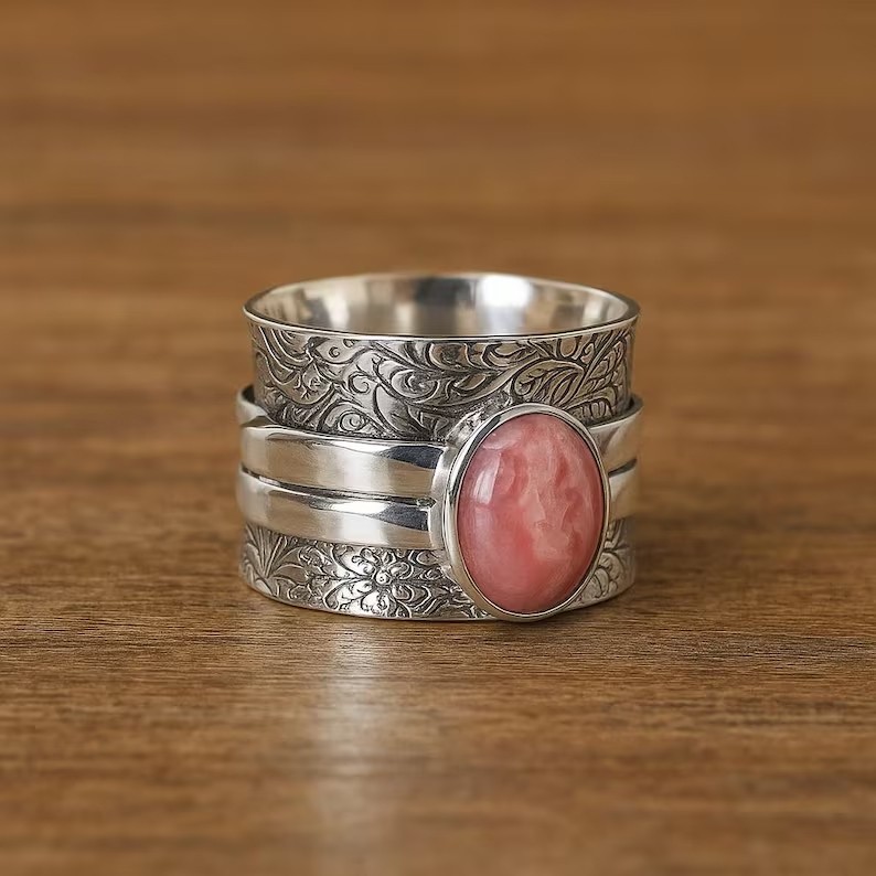 Solid 925 Sterling Silver Rhodochrosite Gemstone Spinner Handmade Women's Ring