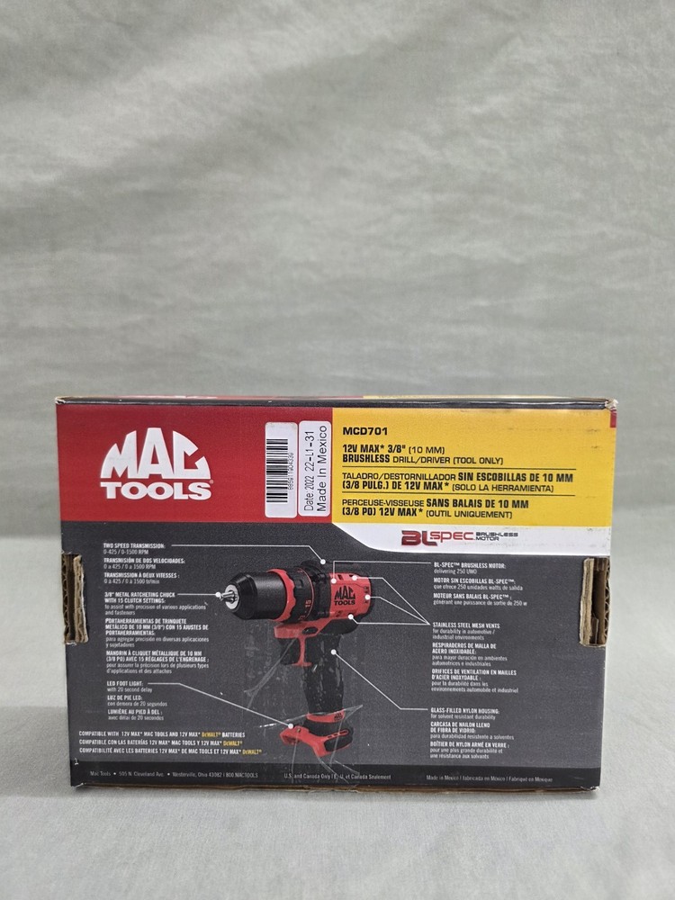 Mac Tools 12V MAX 3/8" Brushless Drill Driver (Tool Only) MCD701 NEW