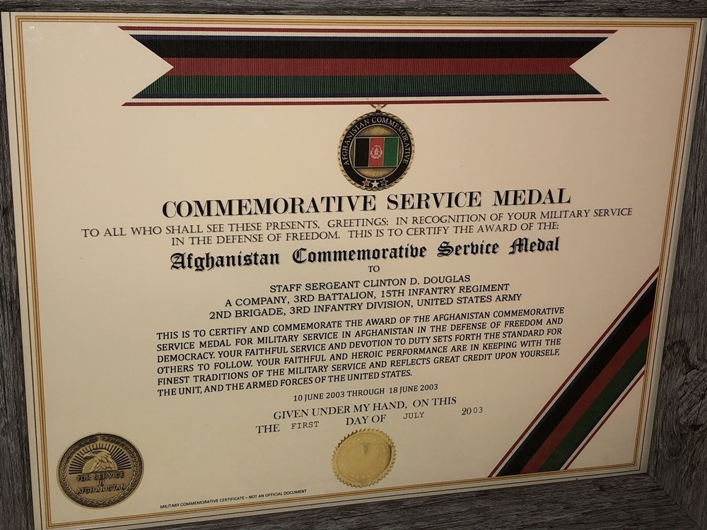 AFGHANISTAN COMMEMORATIVE SERVICE MEDAL CERTIFICATE ~ Type 1