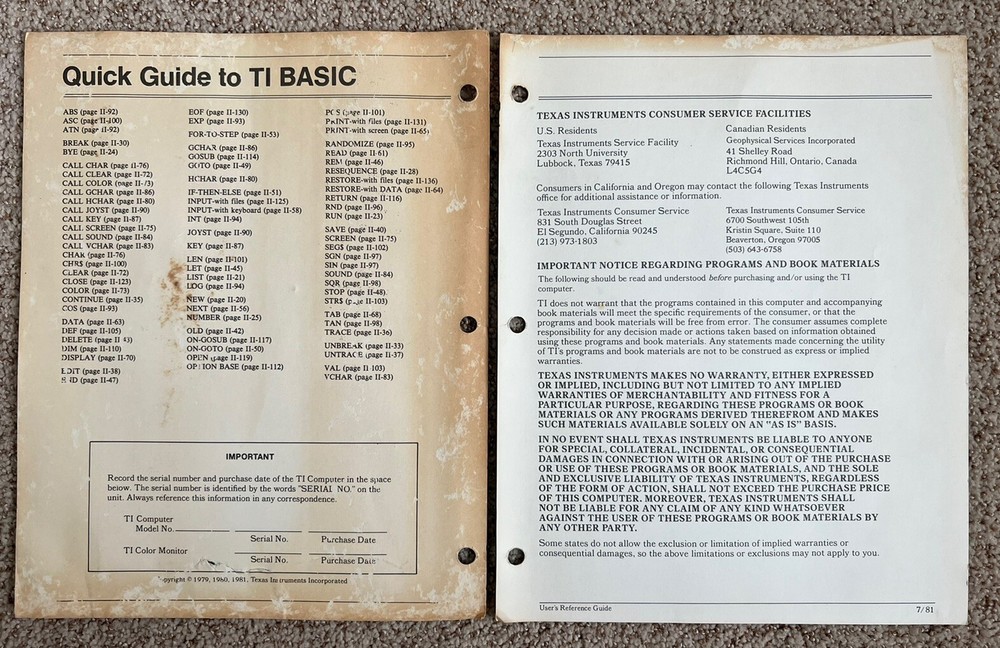 TI-99/4A User's Reference Guide - Front & Back Covers ONLY - Texas Instruments