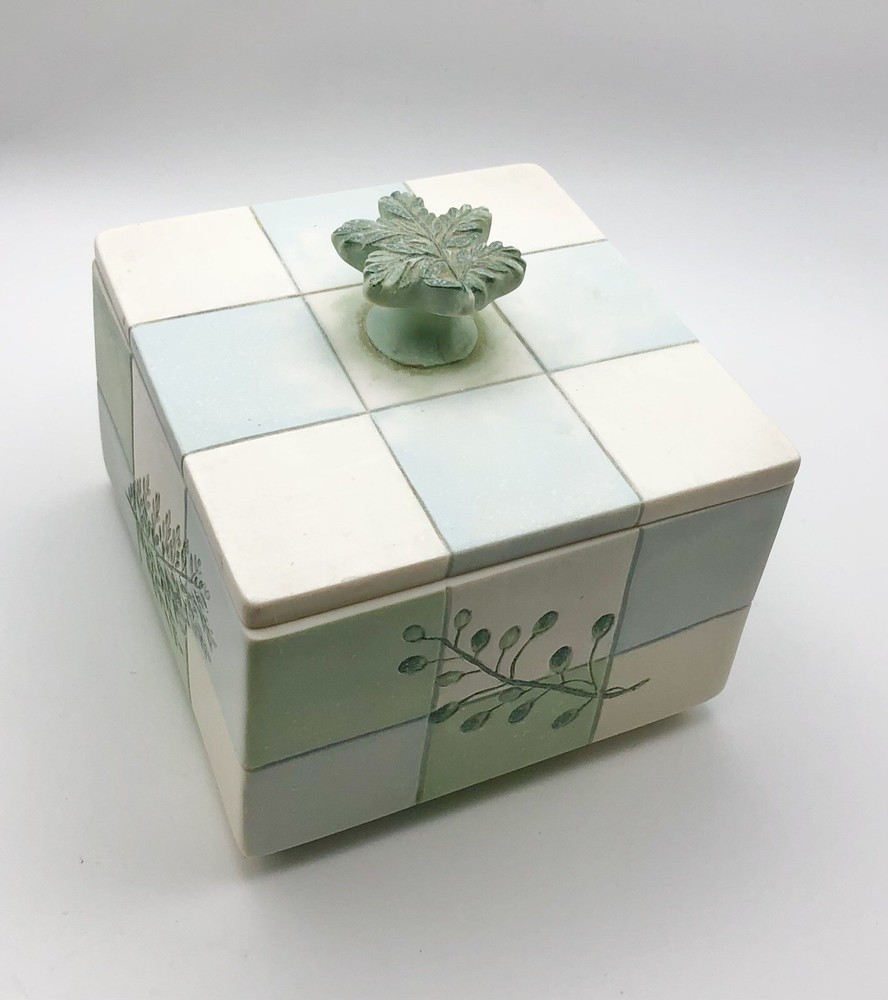 Croscill Rainier Ceramic Vanity Canister W/Checkerboard Pattern & Leaf Knob
