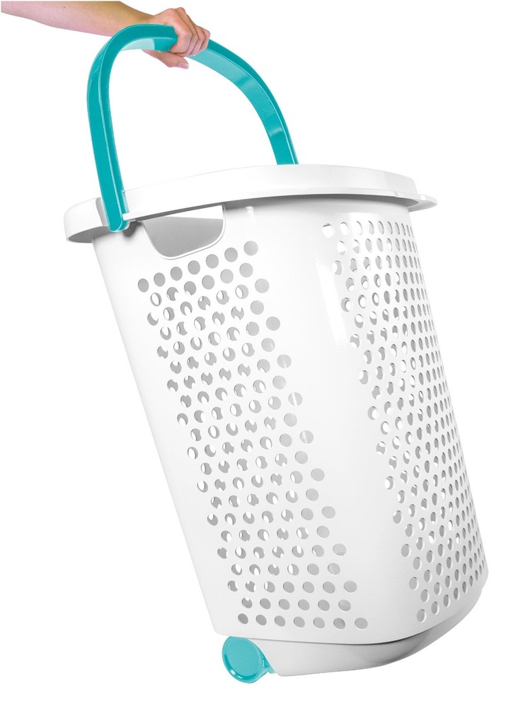 Home Logic 2 Bushel White Plastic Rolling Laundry Hamper with Pop-Up Handle