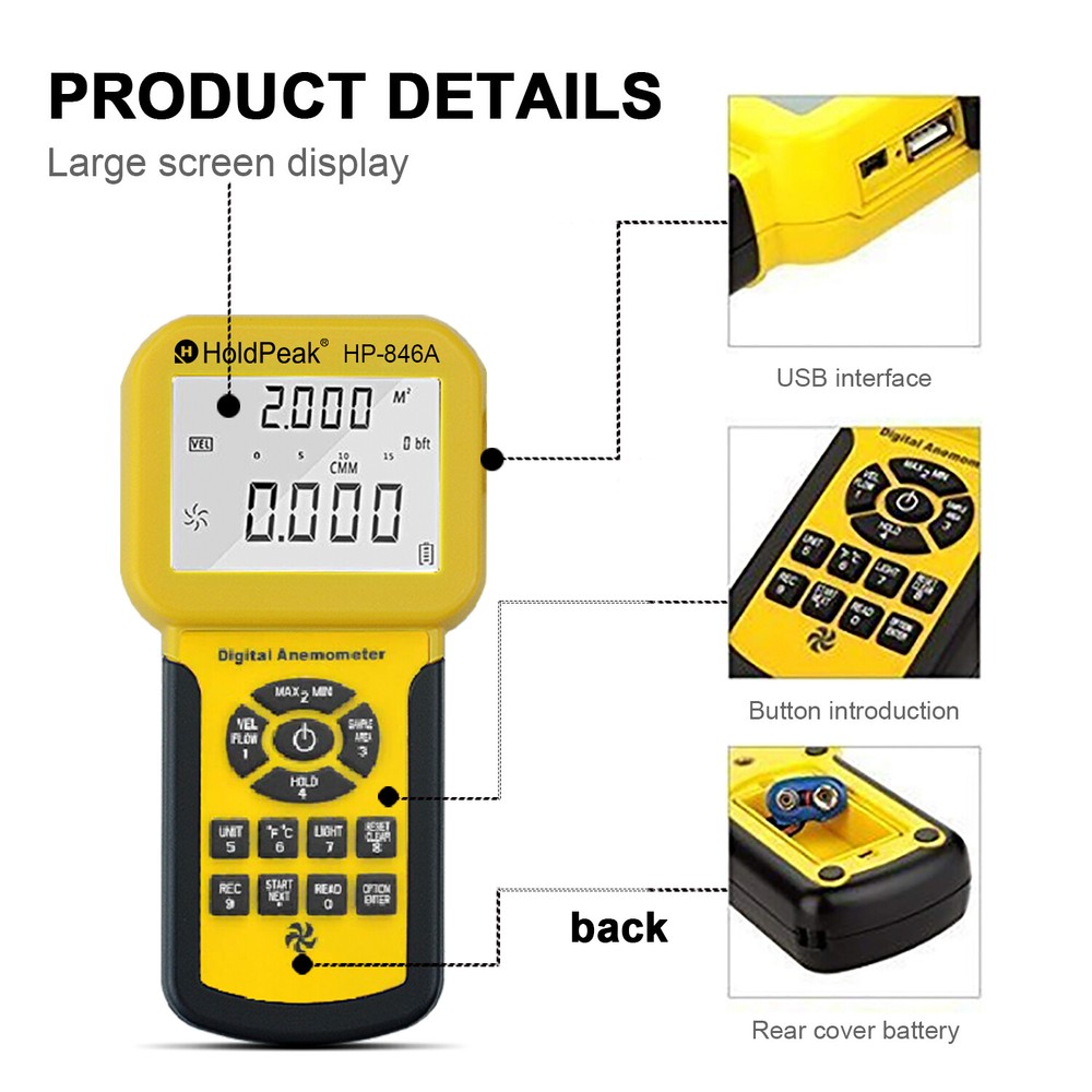 Digital Anemometer 40m/s Temperature Measure MAXMIN Air Volume Wind Flow CFM CMM
