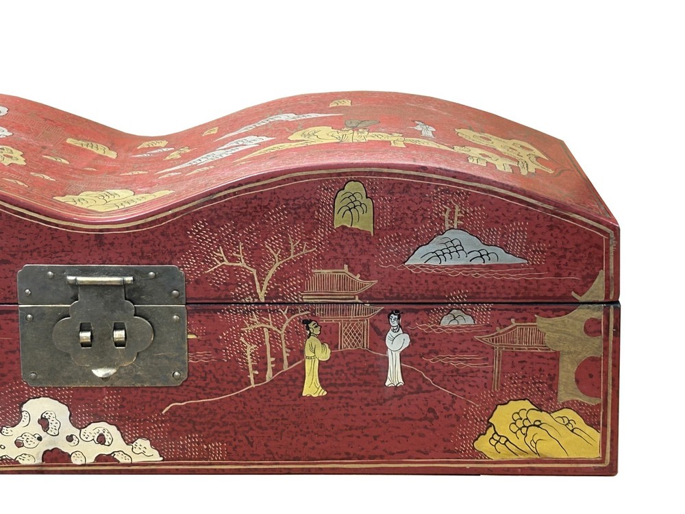 Red Lacquer Chinoiserie-style Gold Silver Scenery Graphic Rectangular Box GB230