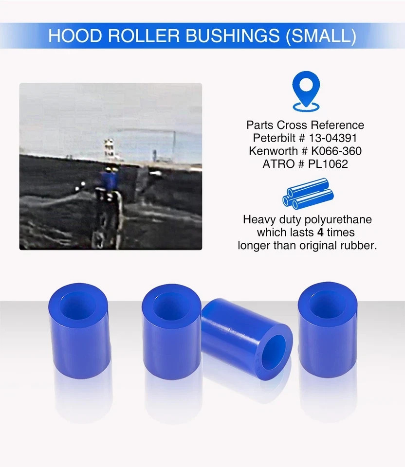 8 Pack Hood Roller Bushings for Peterbilt 357, 375, 379, Reference Part Blue