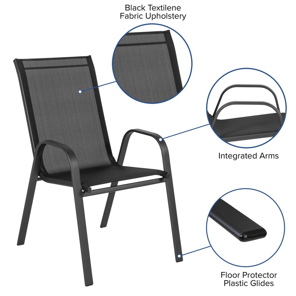 7 Piece Patio Dining Set - 55" Glass Patio Table 6 Black Flex Stack Chairs