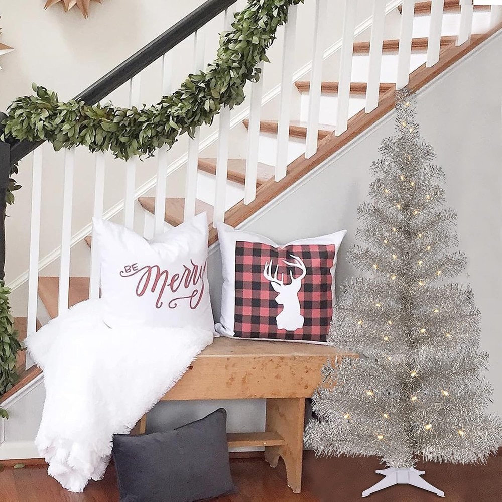 4FT Pre-lit Silver Tinsel Christmas Tree with 70 LED Lights & Timer Functions