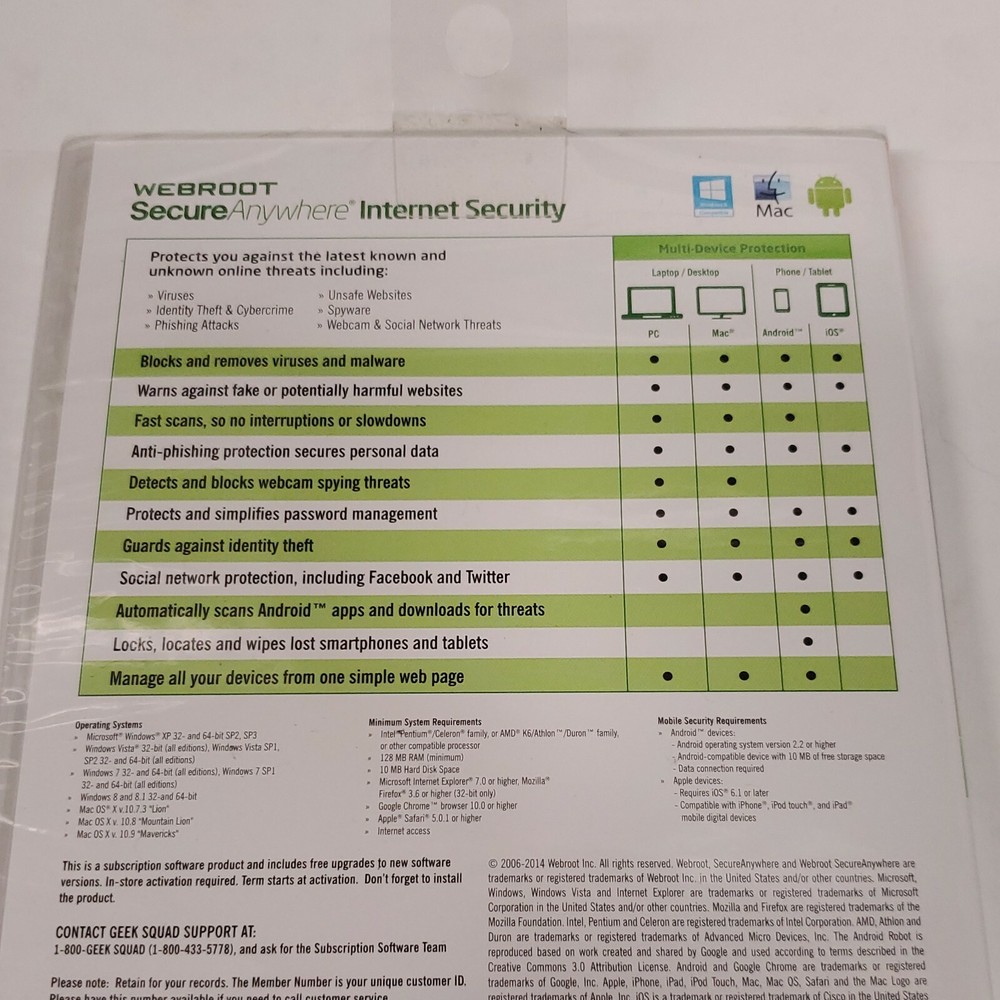 New Webroot SecureAnywhere Internet Security & Antivirus Windows & Mac 3 Devices