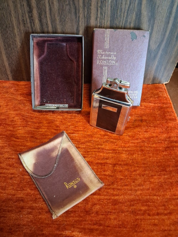 RONSON Mastercase Art Deco Vintage Enamel Cigarette Case & Lighter, pouch & box