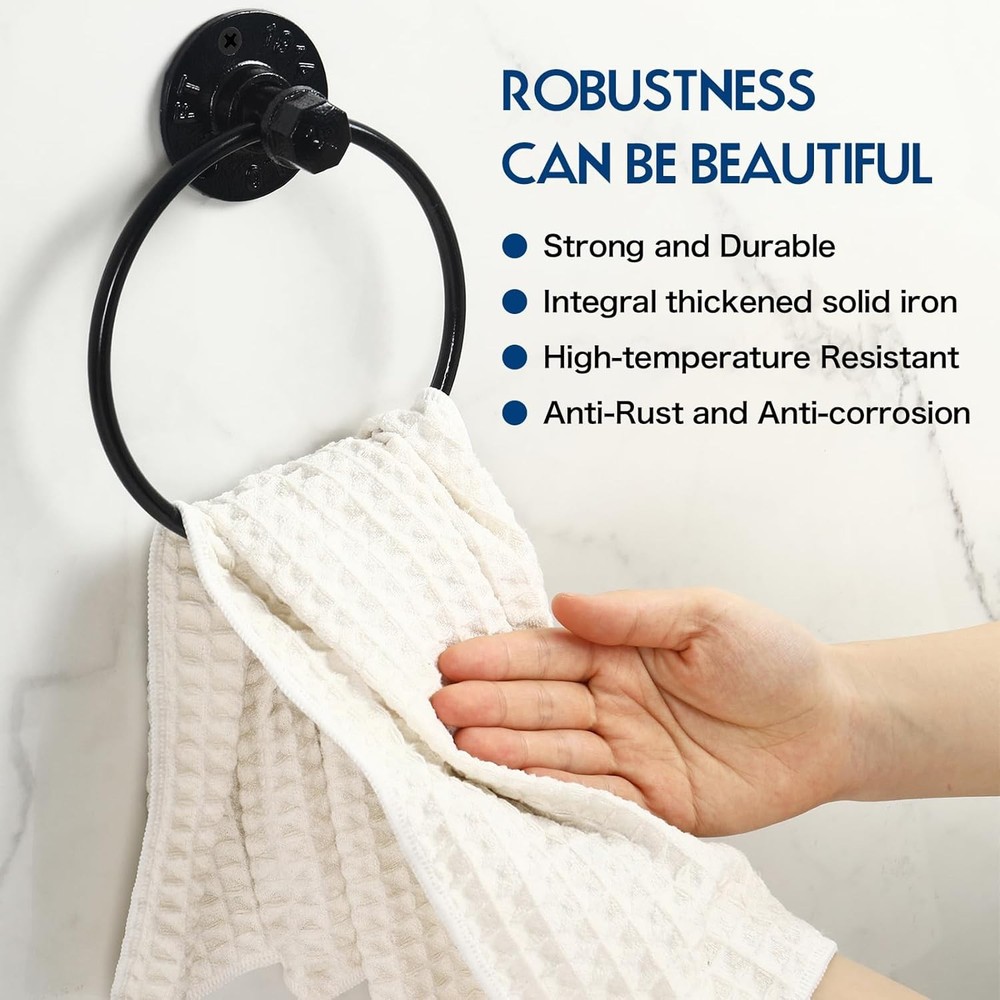 Industrial Towel Ring Rustic Pipe Hand Holder Wall Mounted for Black