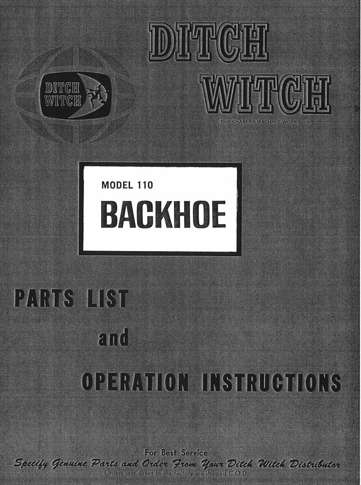 Ditch Witch 110 Backhoe Attachment Parts Operators Manual