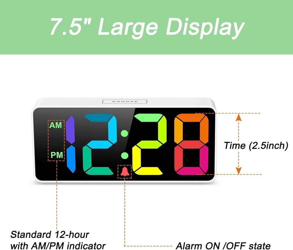 Colorful Digital Alarm Clock Rainbow Numbers Usb Charging Snooze Function