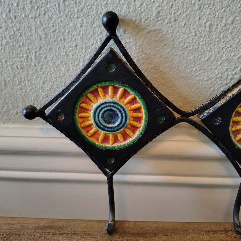 Vtg 90s Wrought Iron Ceramic Celestial Sun Coat Hanger Multicolor 3 Hooks Boho