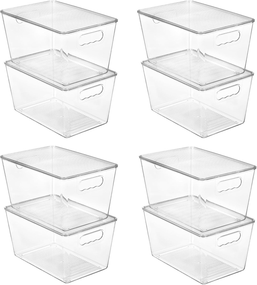 8pc Clear Stackable Storage Bins with Lids Large Plastic Containers with Handle