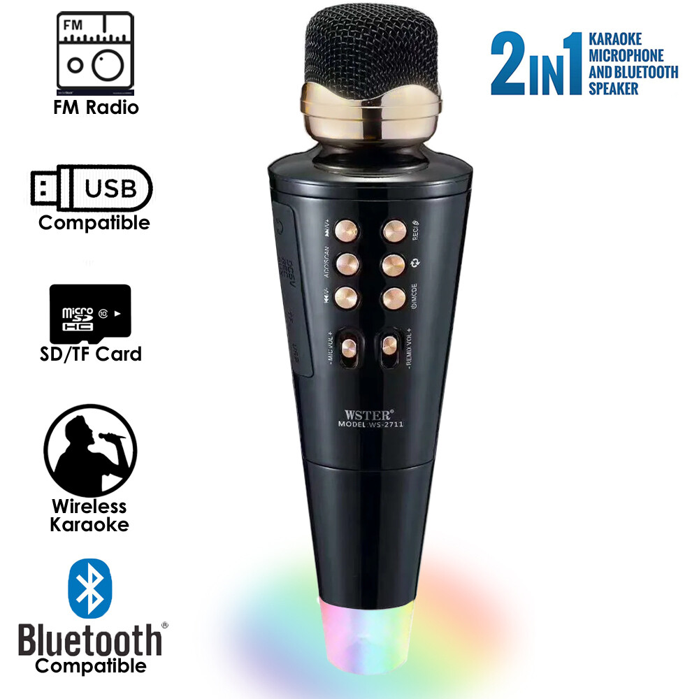WSTER Wireless LED Microphone & Speaker w/ Multimedia Support AUX, FM, USB