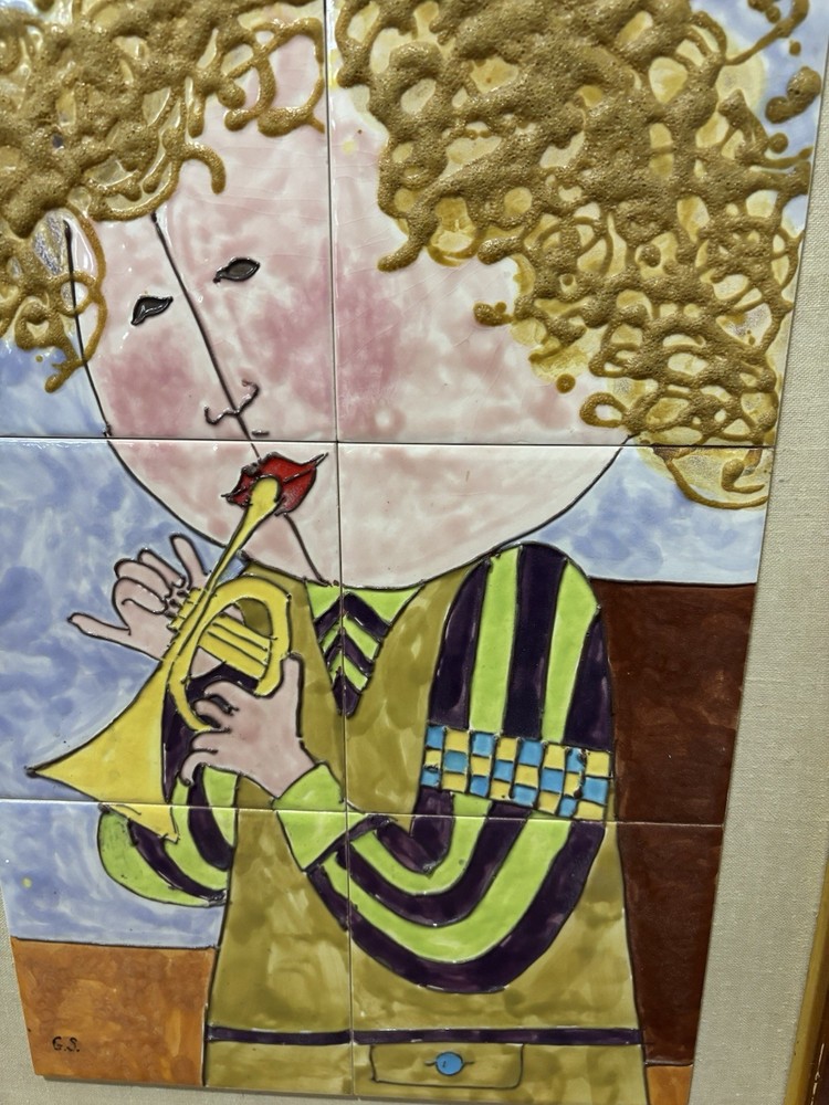 Harris G. Strong Painted Ceramic Tile Framed Wall Art TRUMPET.