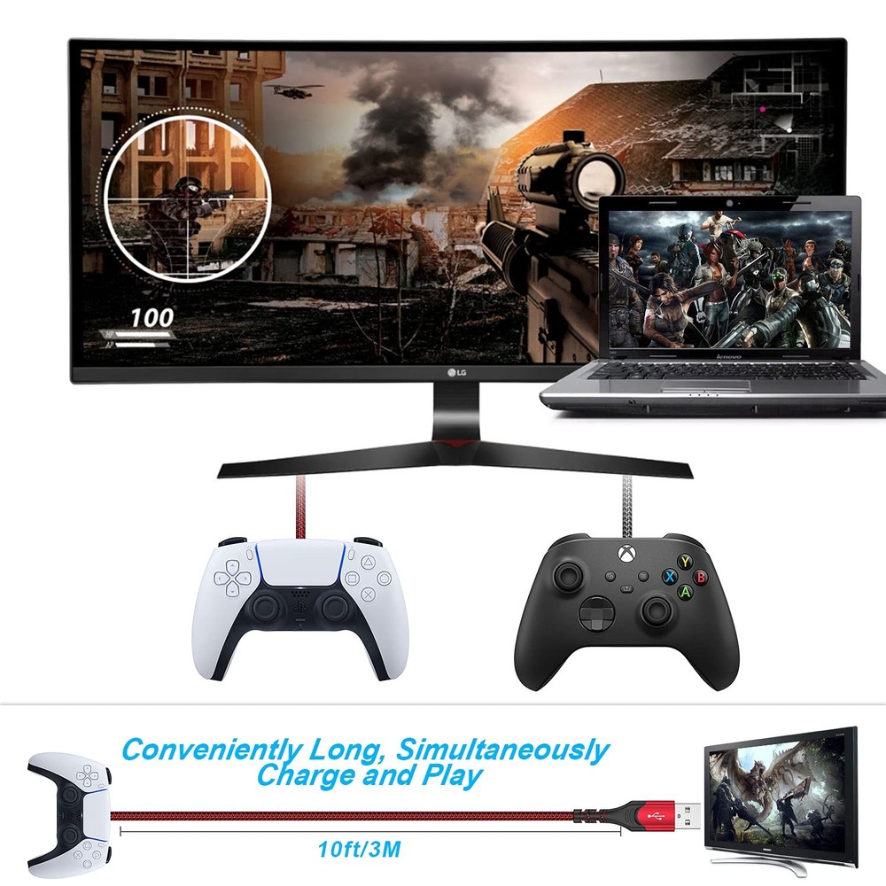 PS5 Controller Charger Charging Cable – 2 Pack 10FT Type C to USB A Data...