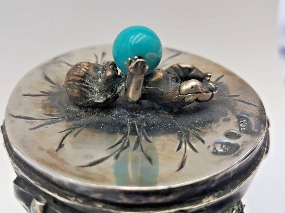CIRCA 1886 RUSSIAN EGG 84 SILVER WITH RUBY & BLUE STONE