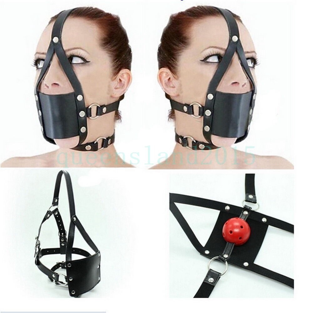 PU Leather BDSM Head Harness Face Mask With PC Hollow Open mouth Gag  Restraint+