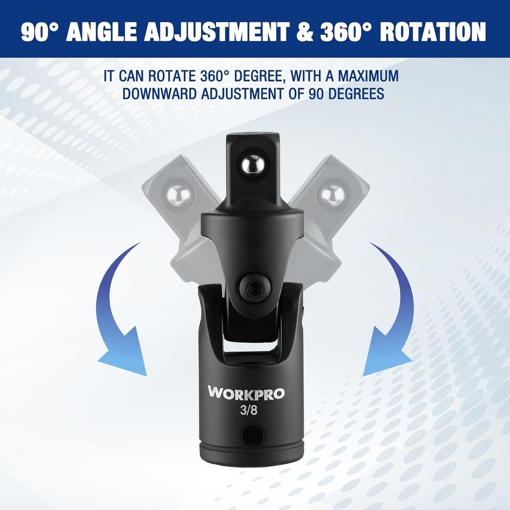 WORKPRO 3PC Universal Joint Socket Adapter Flexible U-Joint Set 1/4" 3/8" 1/2"Dr