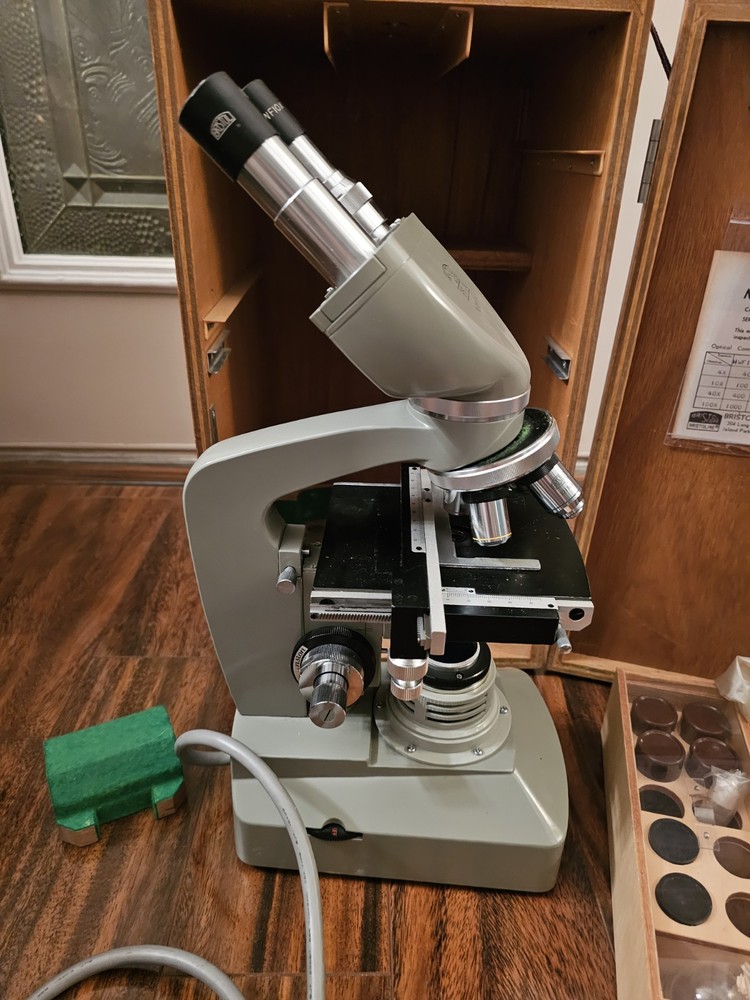 Vintage Bristoline Microscope 3002 W/Cover, Locking Box, Drawer Attachments-Very