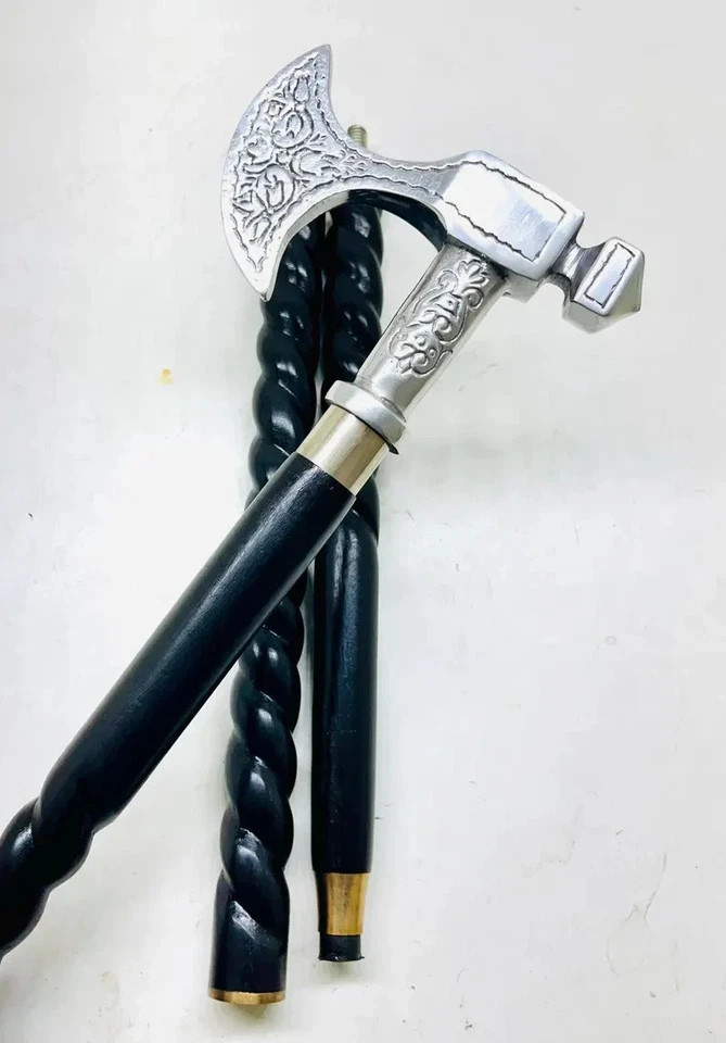 Stylish Solid Brass Axe Head Handle Victorian Wooden Walking Stick Cane handmade