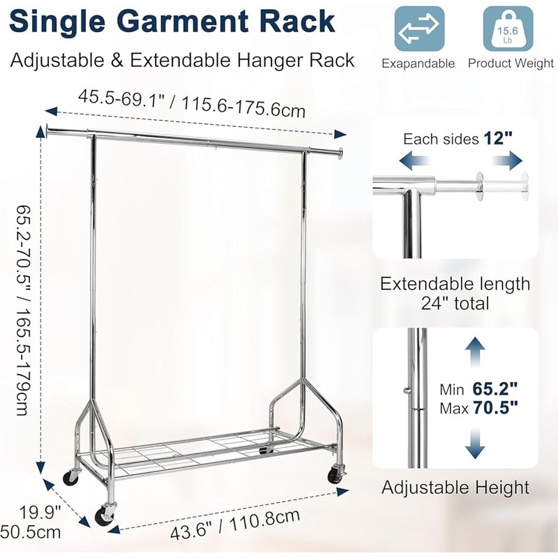 Heavy Duty Clothing Rack W/ Lockable Wheels Adjustable Height Storage Solution