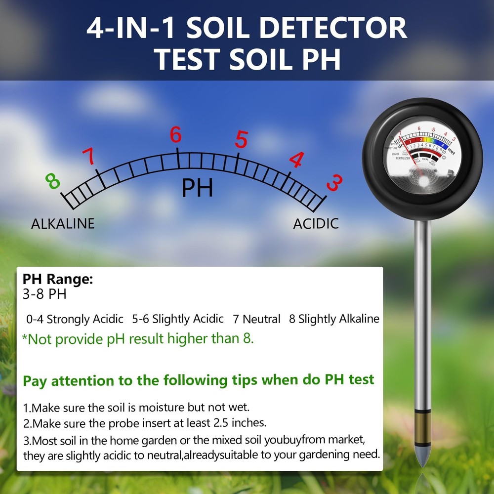 4-in-1 Soil Tester, Moisture Meter/Soil PH 90°rotation, black