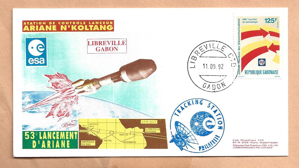 ARIANE LAUNCH 1992 GABON LOLLINI NICE SPACE COVER NASA