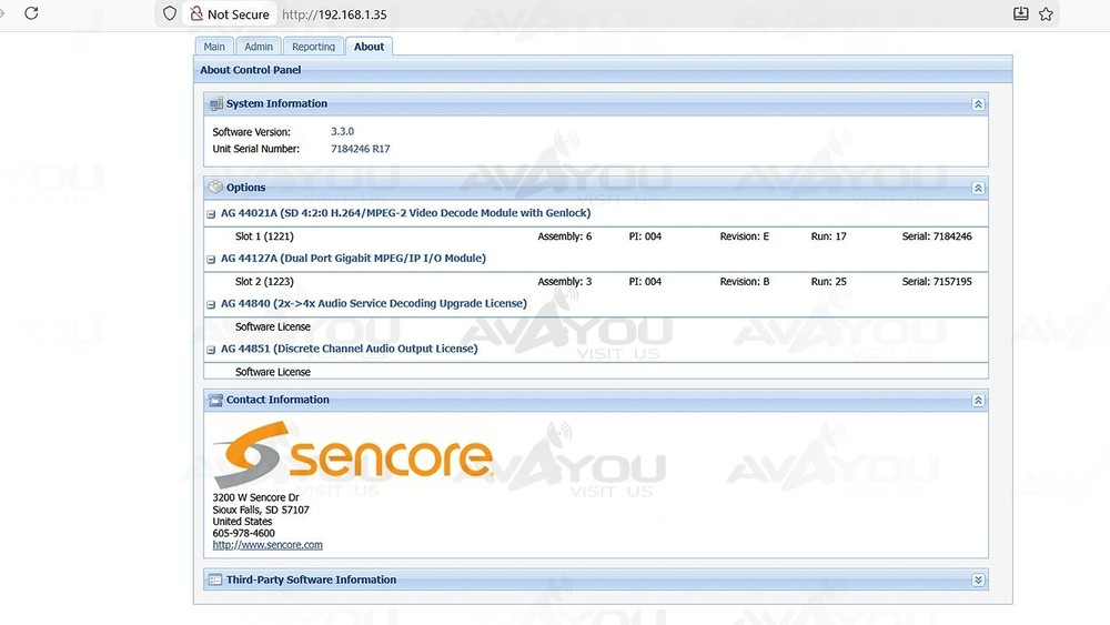 Sencore openGear AG4400 Receiver Decoder SD 4:2:0 H.264 MPEG-2 Dual IP Audio