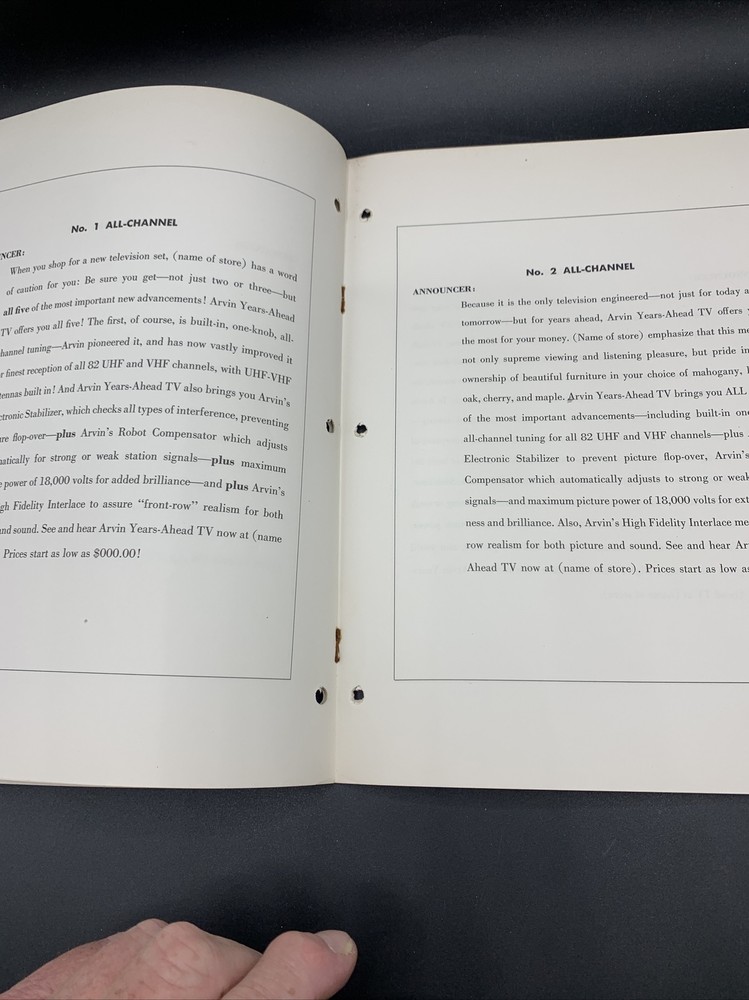 1954 Arvin Television Scripts For Radio Spots-Excellent
