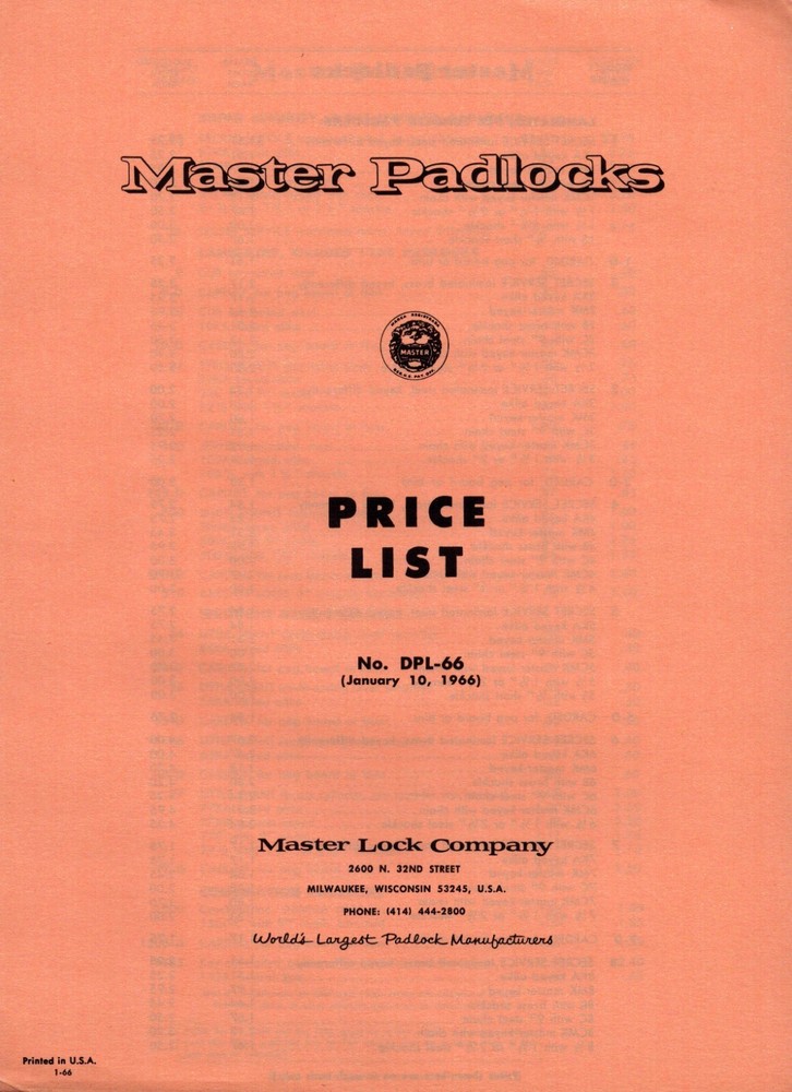 1966  Master Padlocks  Price List   11" x 8"