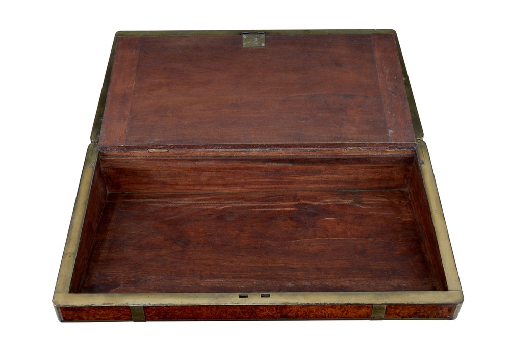MID 19TH CENTURY BURR CAMPAIGN LAP WRITING DESK