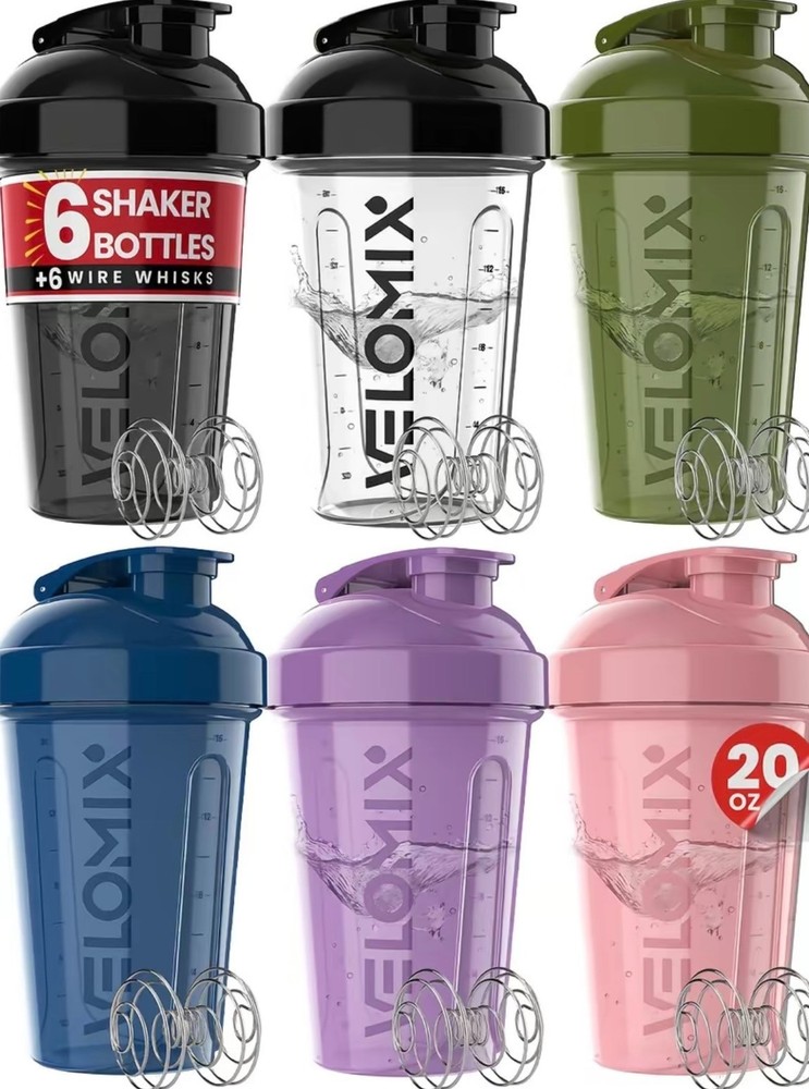 20 oz Protein Shaker Bottles 6 Pack with Wire Whisks Leakproof Stackable Mix Cup