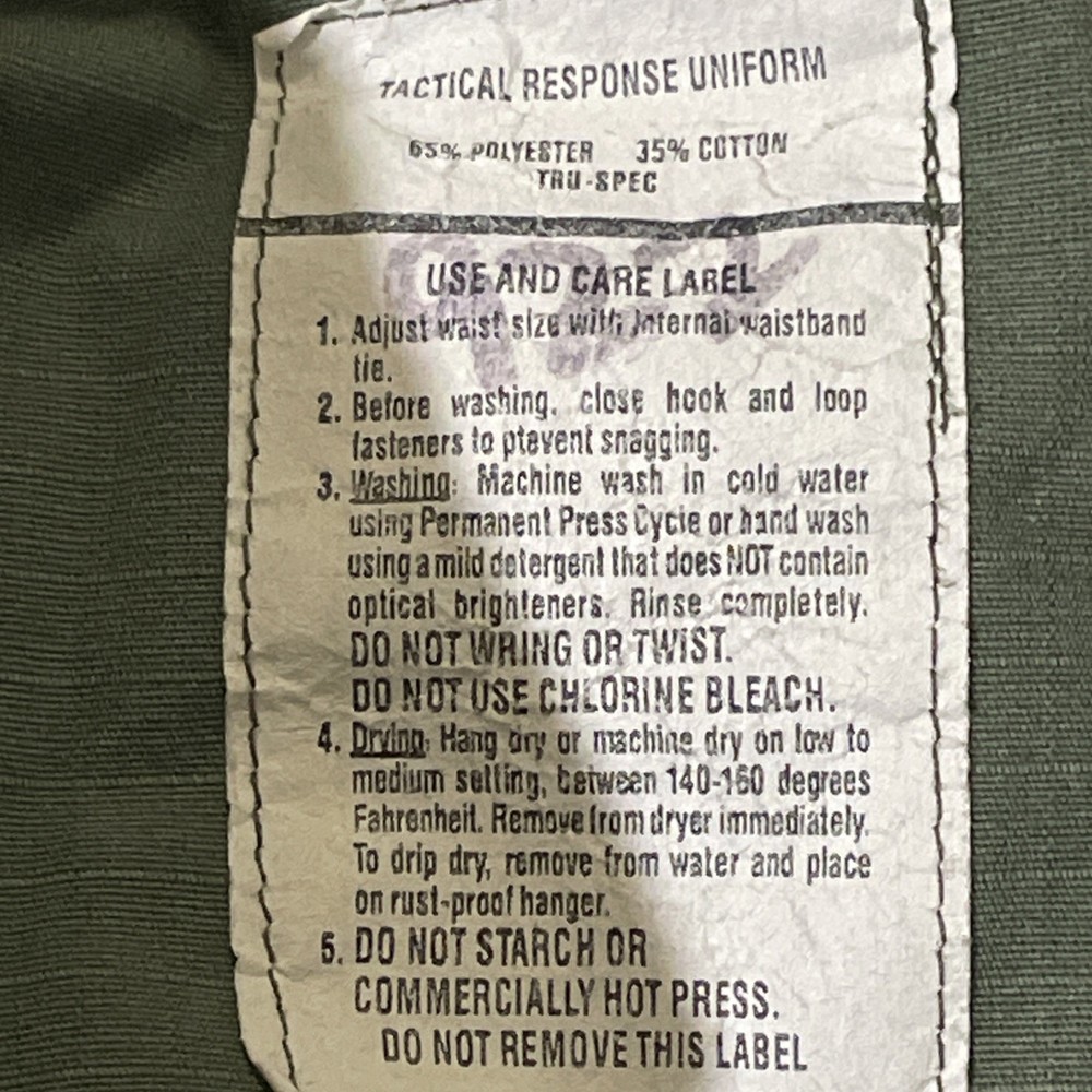 TRU-SPEC Small-Regular Tactical Response Uniform Pants OD Green Button Fly 31x32