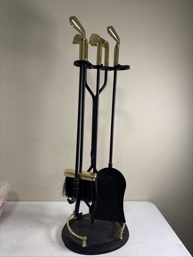 Brass & Cast Iron Golf Club Handle Fireplace Tool Set 29” 4pc READ